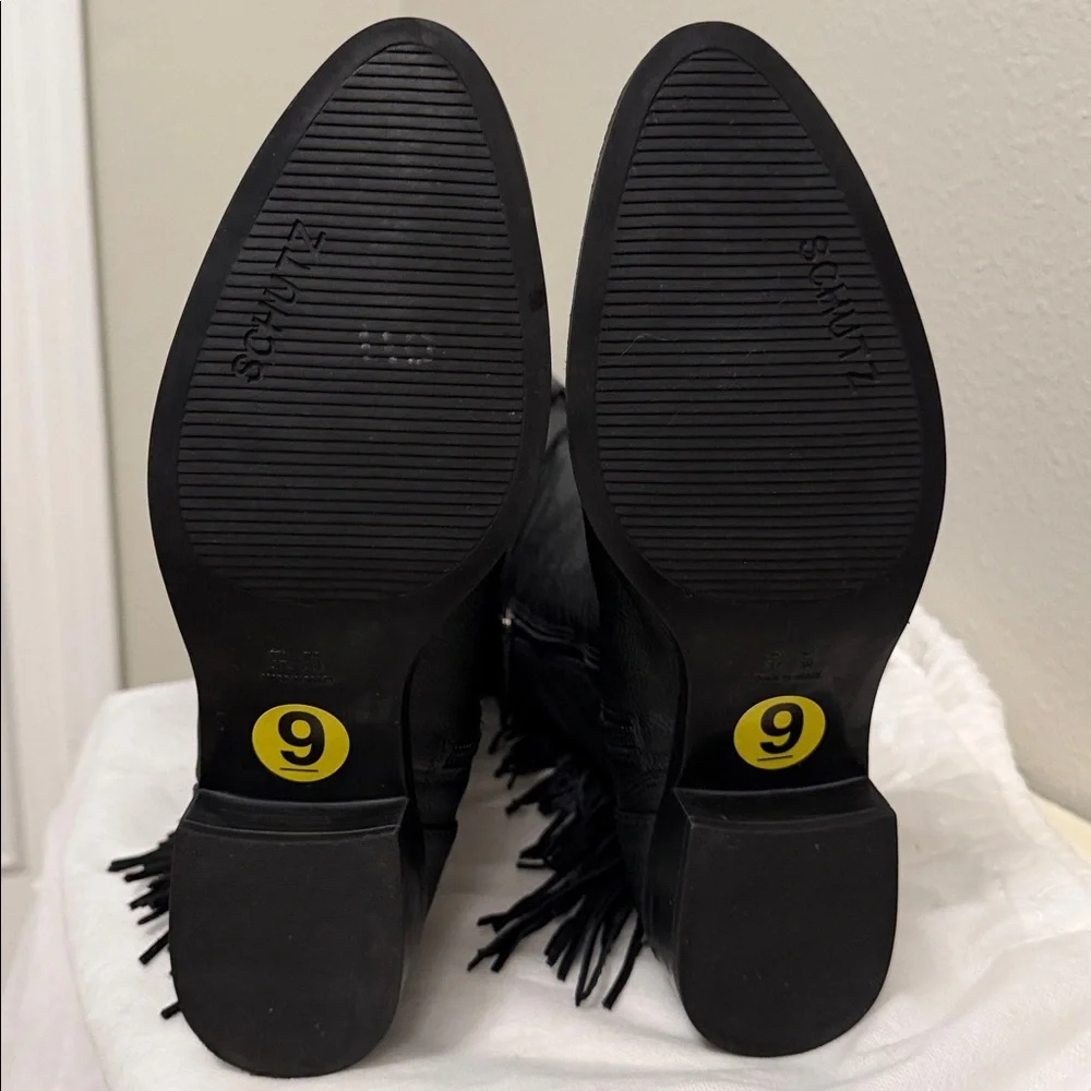 SCHUTZ Kin Black Leather OTK Fringe Boots 9 NWOT Rare Dust Bag Boot Keepers